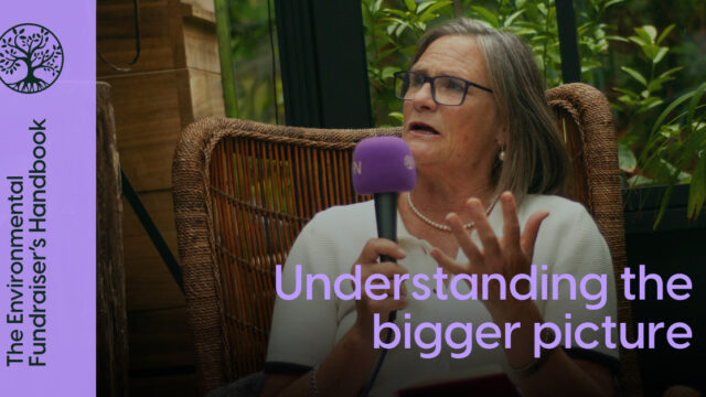 An older white woman with a short grey bob, Elizabeth, is speaking into a purple microphone with the EFN logo on whilst sitting in a wicker chair in a greenhouse. Purple writing over the top says Understanding the bigger picture and The Environmental Fundraiser's Handbook.