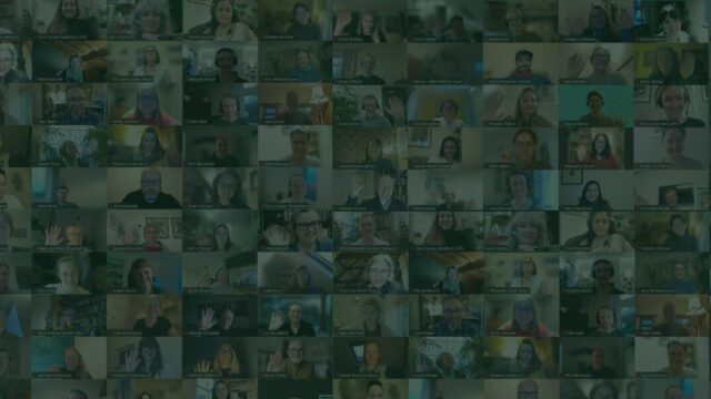 A faded collage of screenshots of a zoom event - peopole are waving to the camera