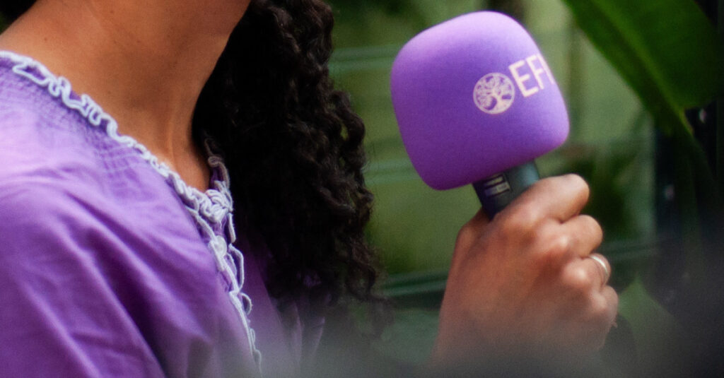 A close up of a brown hand and arm holding a microphone with a purple cover and the EFN logo on it.