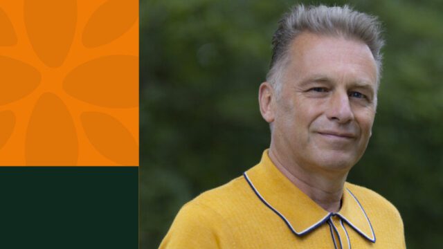 A yellow and green graphic that includes a head shot of Chris Packham, a white older man with short grey hair and who is wearing a yellow polo shirt.