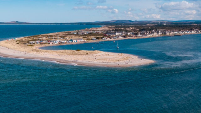 Drone photograph of Findhorn Bay and village, NE Scotland, UK