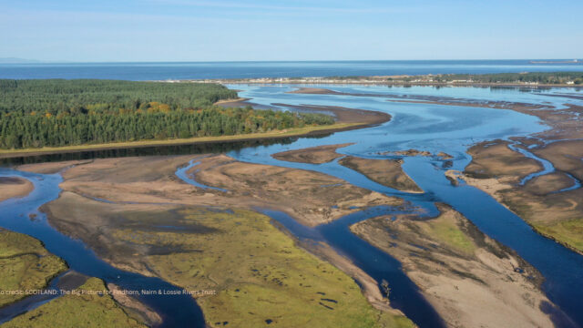Drone/aerial footage of the river estuary showing green wetlands and forested banks.