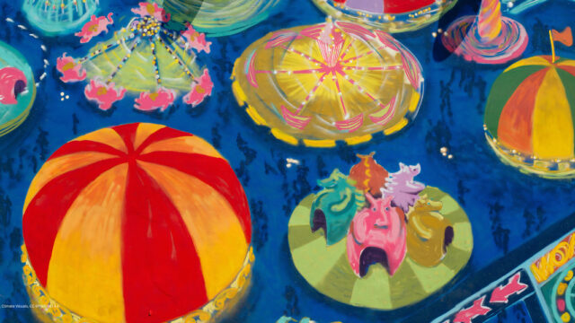 An paint-style illustration of a circus from above showing the tents and fair rides in bright colours on a blue background.