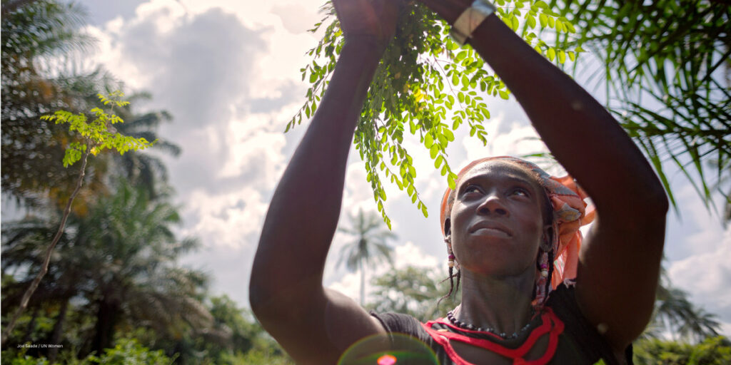 A black woman wearing a red top and red head piece reaches up to tie a branch in the bright sunshine.