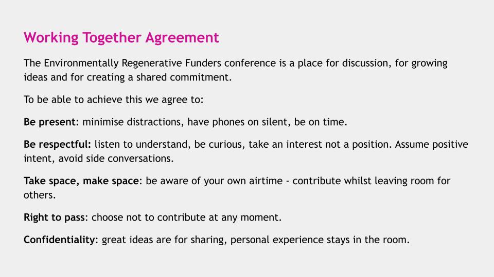 An example of a working together agreement showing a list of bullet points detailing how a group can work proactively with support together.